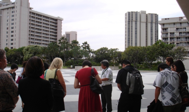 MCI International Sales Partners tour the Hawai`i Convention Center. Here they inspect the Center's Rooftop Garden function space.